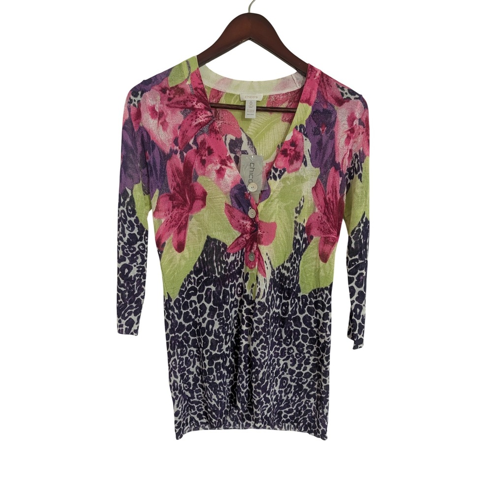 Chico's Peyton Cardigan Sweater Floral Animal Print V-Neck Multi Size 0 NWT $99